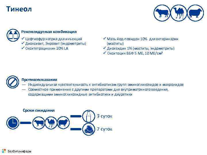 Тинеол Рекомендуемая комбинация ü Цефтиофур натрия для инъекций ü Диоксивит, Энровит (эндометриты) ü Окситетрациклин