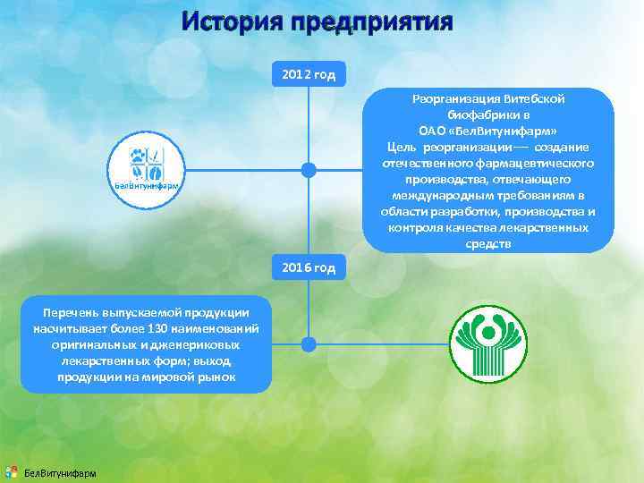 История предприятия 2012 год Реорганизация Витебской биофабрики в ОАО «Бел. Витунифарм» Цель реорганизации создание