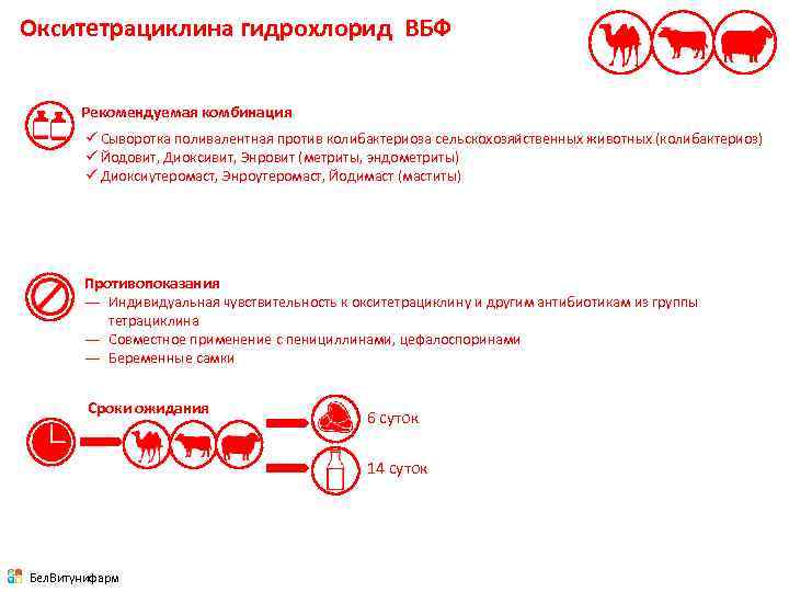 Окситетрациклина гидрохлорид ВБФ Рекомендуемая комбинация ü Сыворотка поливалентная против колибактериоза сельскохозяйственных животных (колибактериоз) ü