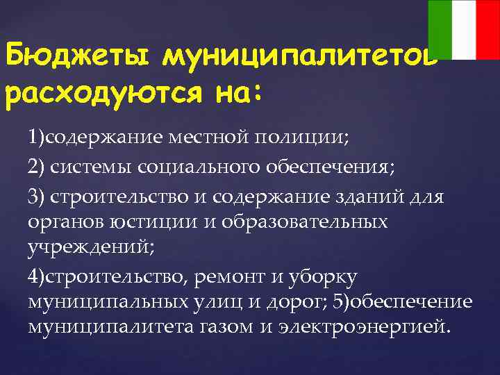 Бюджеты муниципалитетов расходуются на: 1)содержание местной полиции; 2) системы социального обеспечения; 3) строительство и