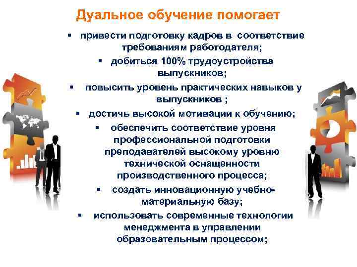 Дуальное обучение помогает § привести подготовку кадров в соответствие требованиям работодателя; § добиться 100%