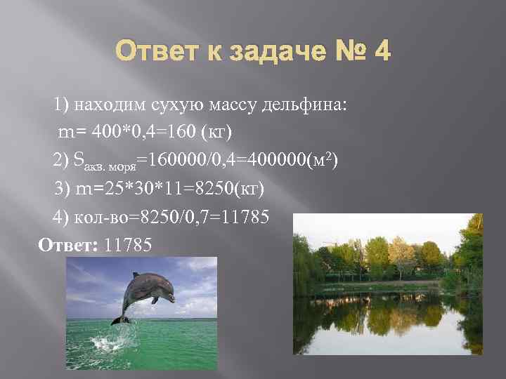 Ответ к задаче № 4 1) находим сухую массу дельфина: m= 400*0, 4=160 (кг)