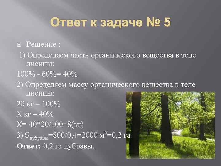 Ответ к задаче № 5 Решение : 1) Определяем часть органического вещества в теле