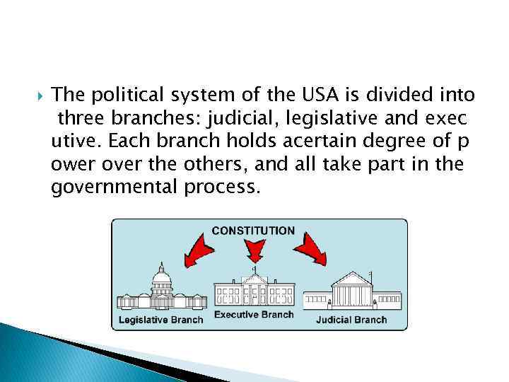  The political system of the USA is divided into three branches: judicial, legislative