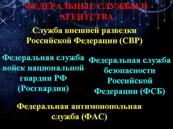 ФЕДЕРАЛЬНЫЕ СЛУЖБЫ И АГЕНТСТВА Служба внешней разведки Российской Федерации (СВР) Федеральная служба войск национальной