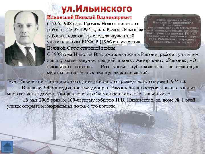 ул. Ильинского Ильинский Николай Владимирович (15. 05. 1908 г. , с. Громок Новоаннинского района