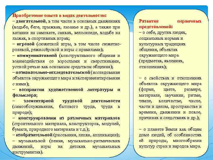 Приобретение опыта в видах деятельности: – двигательной, в том числе в основных движениях (ходьбе,