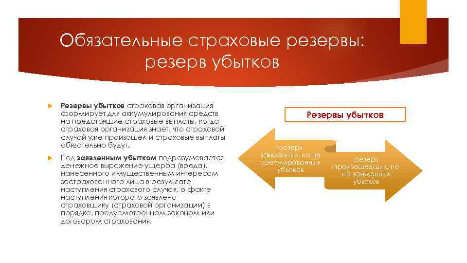 Обязательные страховые резервы: резерв убытков Резервы убытков страховая организация формирует для аккумулирования средств на