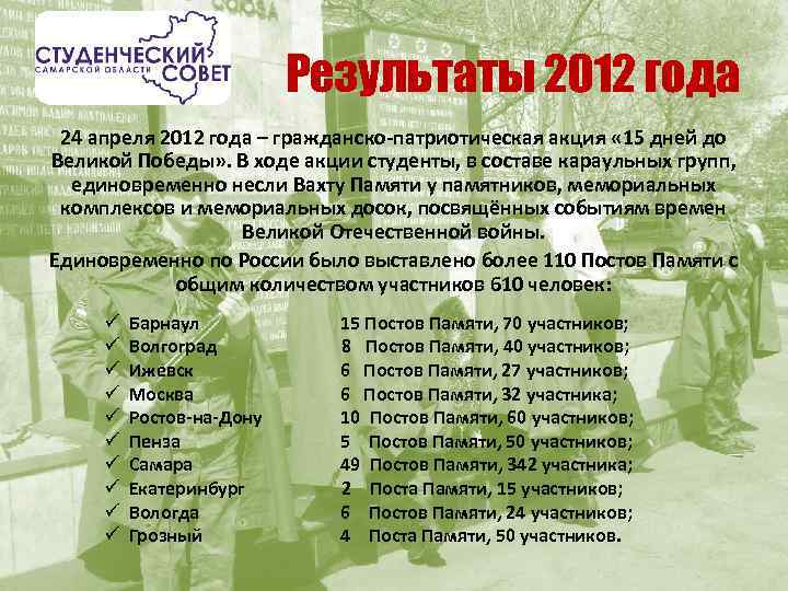 Результаты 2012 года 24 апреля 2012 года – гражданско-патриотическая акция « 15 дней до