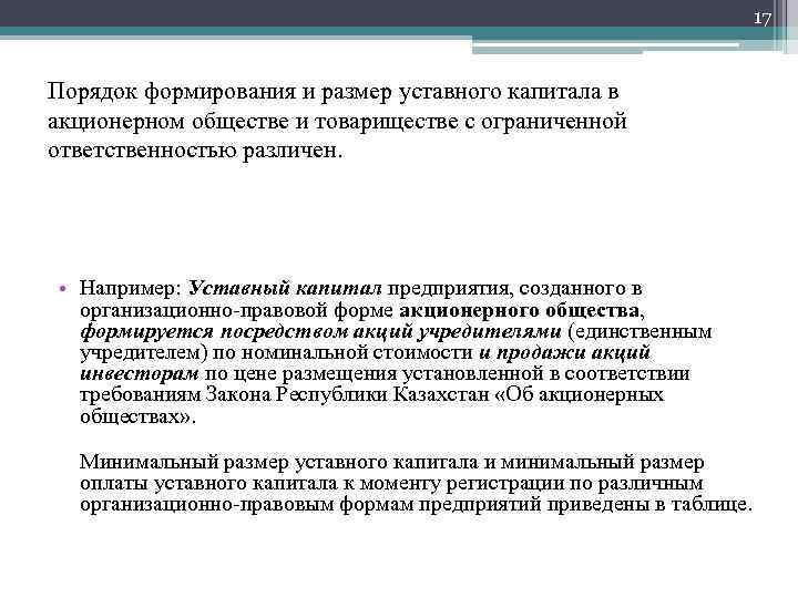 17 Порядок формирования и размер уставного капитала в акционерном обществе и товариществе с ограниченной