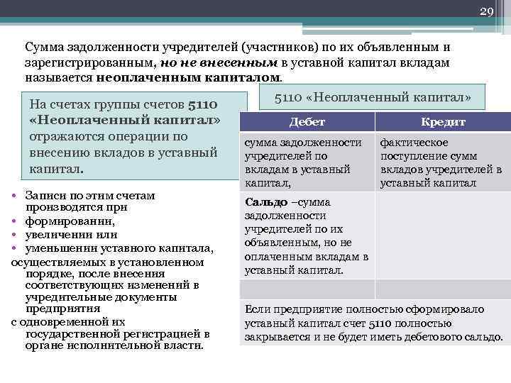 29 Сумма задолженности учредителей (участников) по их объявленным и зарегистрированным, но не внесенным в