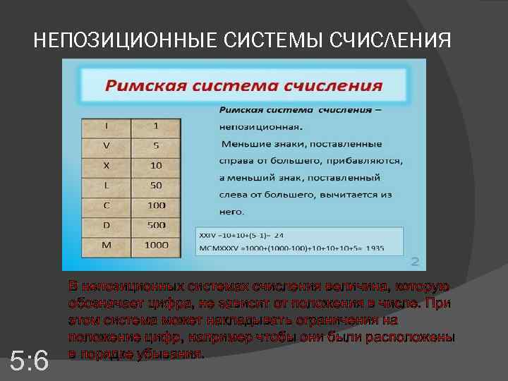 НЕПОЗИЦИОННЫЕ СИСТЕМЫ СЧИСЛЕНИЯ 5: 6 В непозиционных системах счисления величина, которую обозначает цифра, не