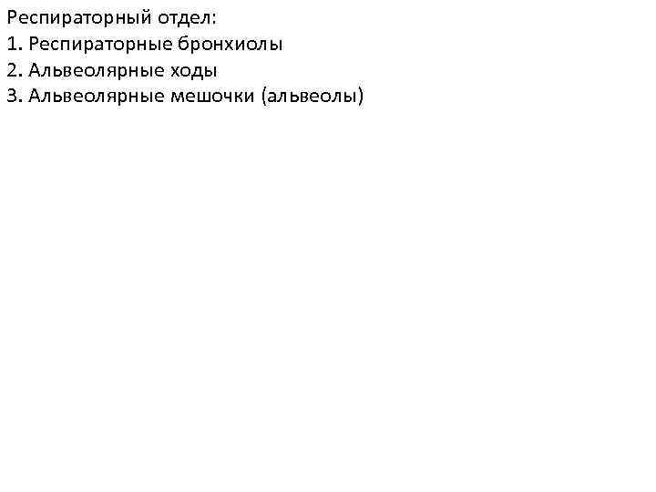 Респираторный отдел: 1. Респираторные бронхиолы 2. Альвеолярные ходы 3. Альвеолярные мешочки (альвеолы) 