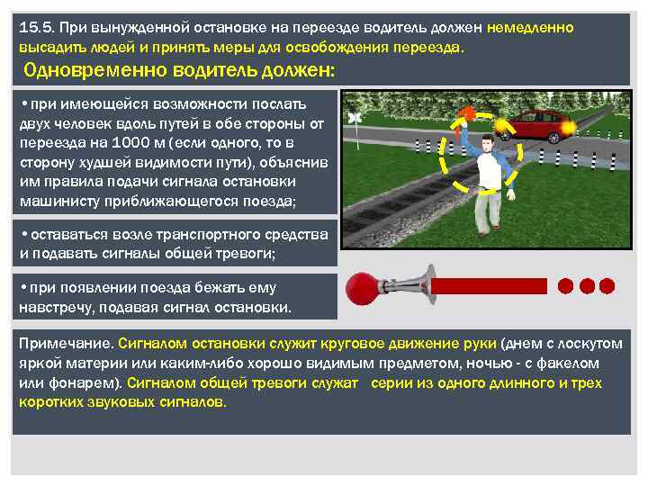 15. 5. При вынужденной остановке на переезде водитель должен немедленно высадить людей и принять