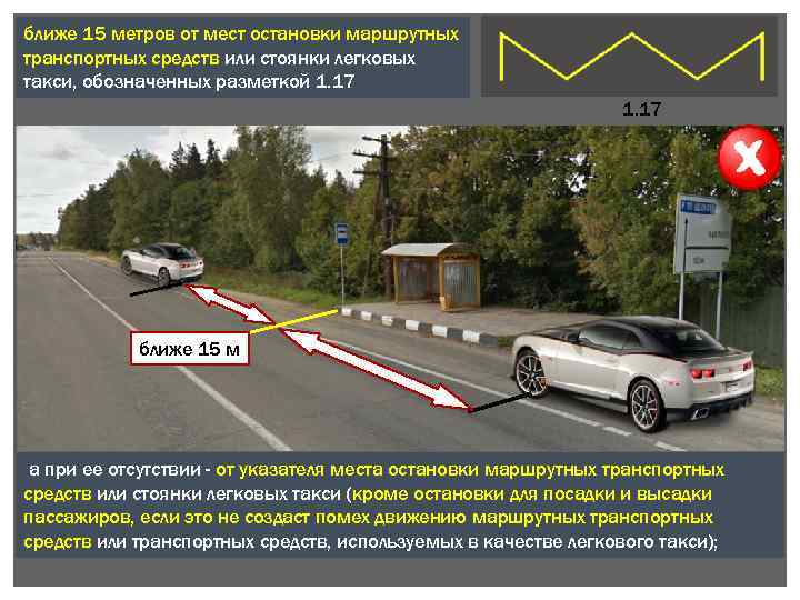 ближе 15 метров от мест остановки маршрутных транспортных средств или стоянки легковых такси, обозначенных