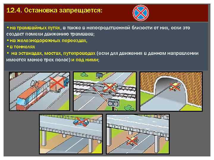 12. 4. Остановка запрещается: • на трамвайных путях, а также в непосредственной близости от