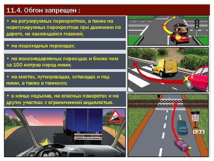 11. 4. Обгон запрещен : • на регулируемых перекрестках, а также на нерегулируемых перекрестках