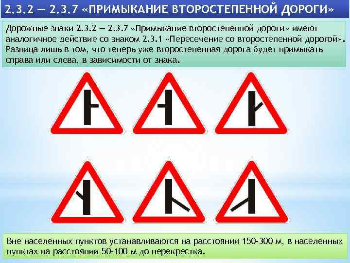 2. 3. 2 — 2. 3. 7 «ПРИМЫКАНИЕ ВТОРОСТЕПЕННОЙ ДОРОГИ» Дорожные знаки 2. 3.