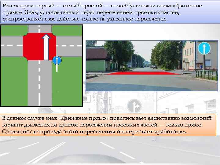 Рассмотрим первый — самый простой — способ установки знака «Движение прямо» . Знак, установленный