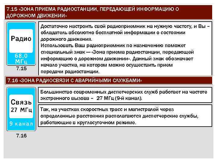 7. 15 «ЗОНА ПРИЕМА РАДИОСТАНЦИИ, ПЕРЕДАЮЩЕЙ ИНФОРМАЦИЮ О ДОРОЖНОМ ДВИЖЕНИИ» 7. 15 Достаточно настроить