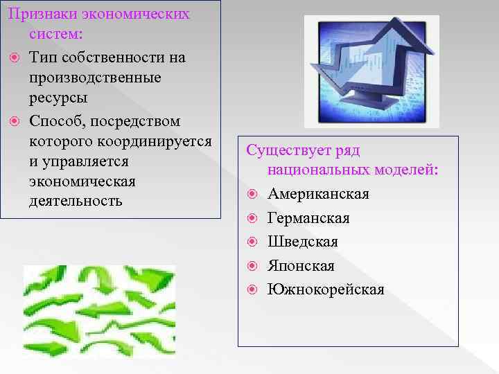 Признаки экономических систем: Тип собственности на производственные ресурсы Способ, посредством которого координируется и управляется