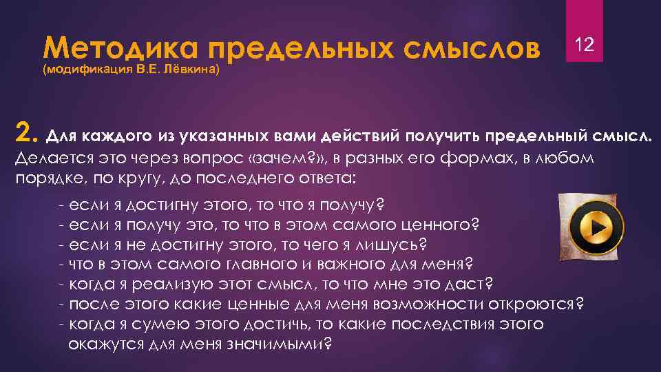 Методика предельных смыслов 12 (модификация В. Е. Лёвкина) 2. Для каждого из указанных вами