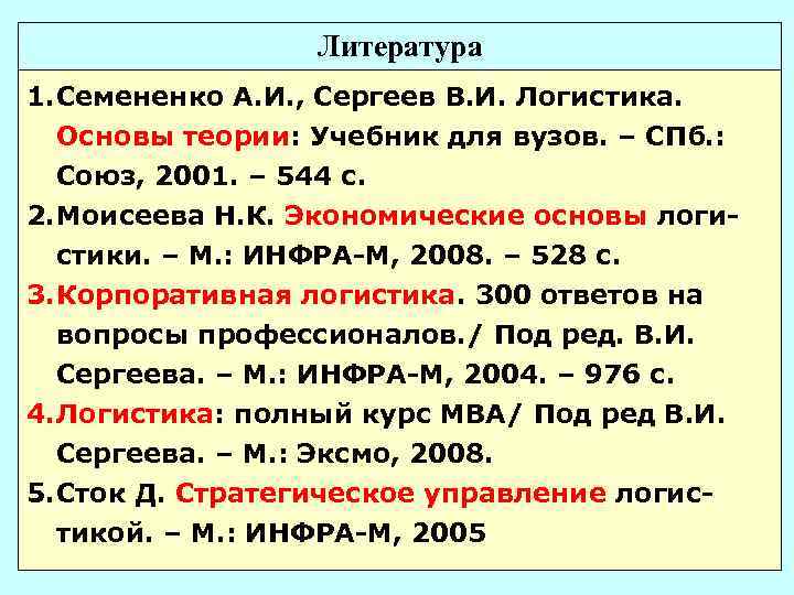 Литература 1. Семененко А. И. , Сергеев В. И. Логистика. Основы теории: Учебник для