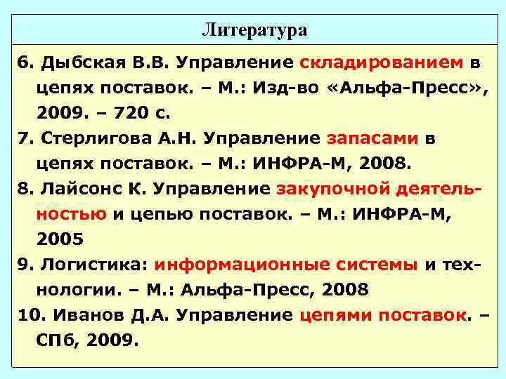Литература 6. Дыбская В. В. Управление складированием в цепях поставок. – М. : Изд-во