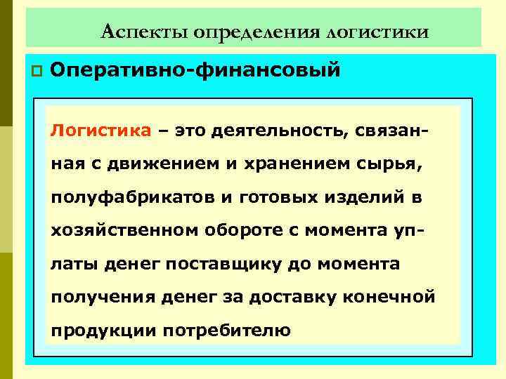 Аспекты определения логистики p Оперативно-финансовый Логистика – это деятельность, связанная с движением и хранением