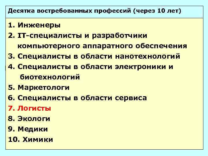 Десятка востребованных профессий (через 10 лет) 1. Инженеры 2. IT-специалисты и разработчики компьютерного аппаратного