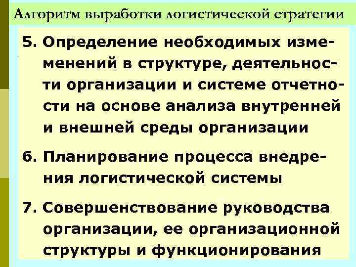 Алгоритм выработки логистической стратегии 5. Определение необходимых измеменений в структуре, деятельности организации и системе