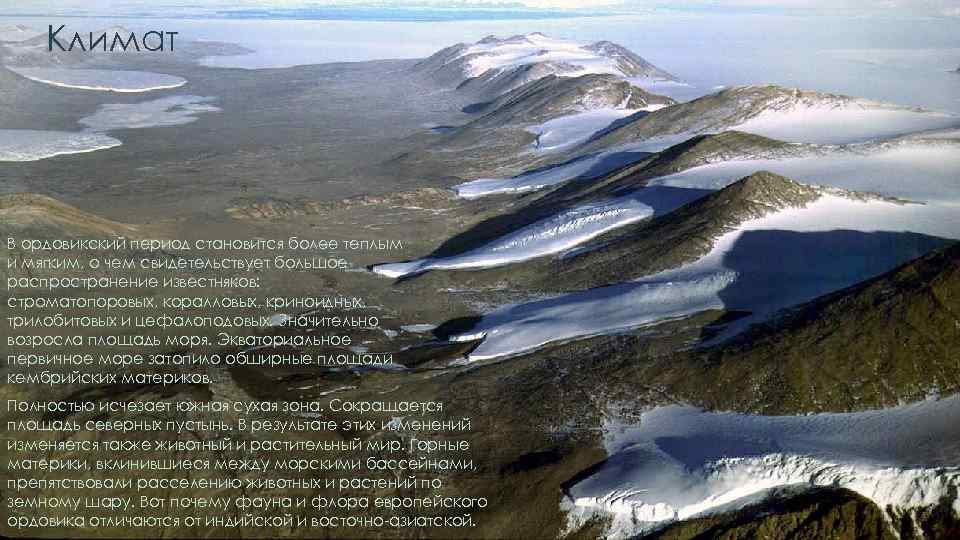 Климат В ордовикский период становится более теплым и мягким, о чем свидетельствует большое распространение