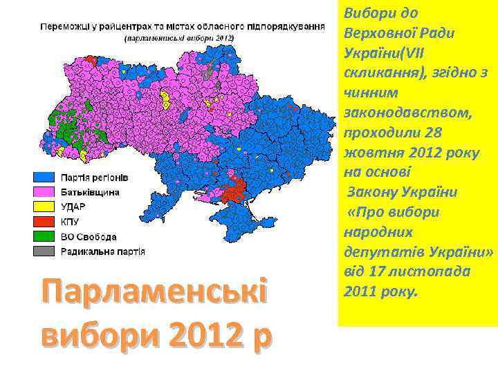 Парламенські вибори 2012 р Вибори до Верховної Ради України(VII скликання), згідно з чинним законодавством,