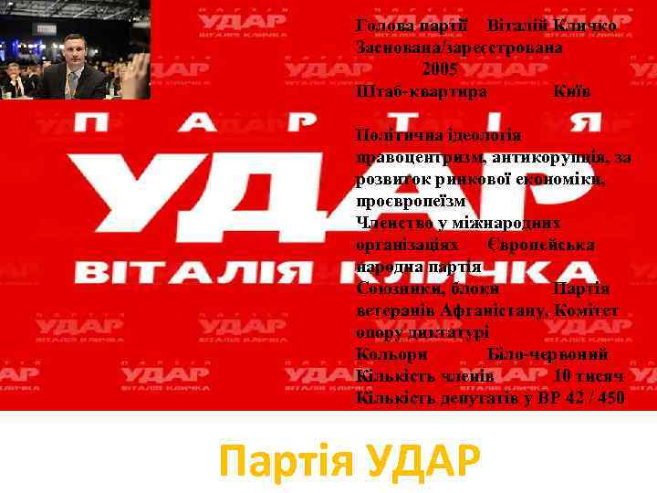 Голова партії Віталій Кличко Заснована/зареєстрована 2005 Штаб-квартира Київ Політична ідеологія правоцентризм, антикорупція, за розвиток