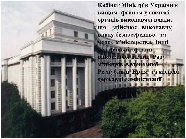Кабінет Міністрів України є вищим органом у системі органів виконавчої влади, що здійснює виконавчу