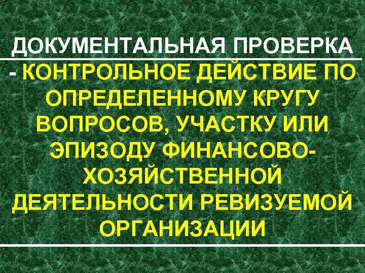 ДОКУМЕНТАЛЬНАЯ ПРОВЕРКА КОНТРОЛЬНОЕ ДЕЙСТВИЕ ПО ОПРЕДЕЛЕННОМУ КРУГУ ВОПРОСОВ, УЧАСТКУ ИЛИ ЭПИЗОДУ ФИНАНСОВО ХОЗЯЙСТВЕННОЙ ДЕЯТЕЛЬНОСТИ