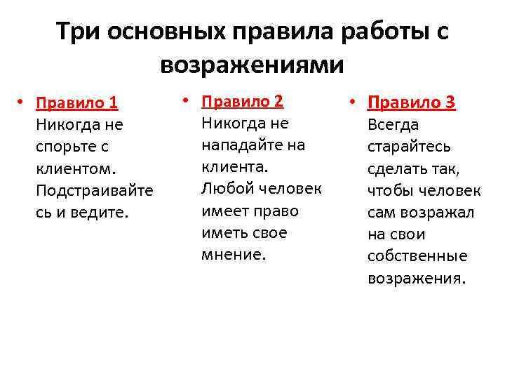 Три основных правила работы с возражениями • Правило 1 Никогда не спорьте с клиентом.