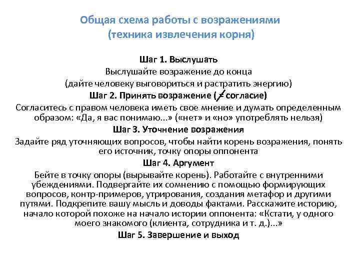 Общая схема работы с возражениями (техника извлечения корня) Шаг 1. Выслушать Выслушайте возражение до