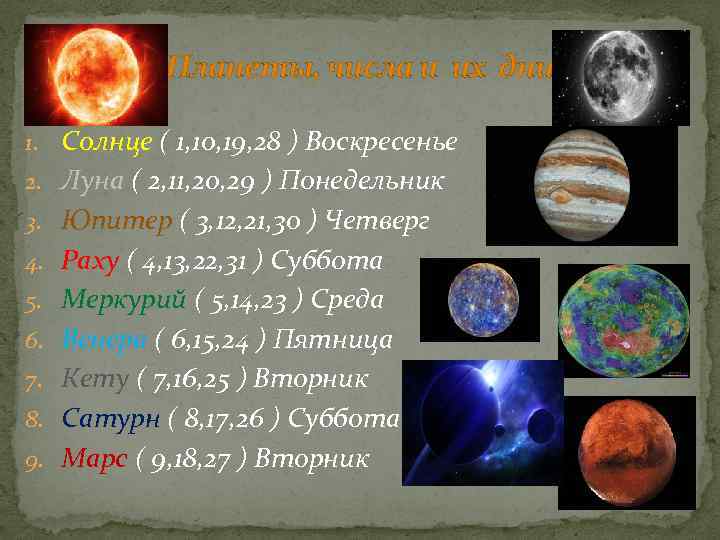 Планеты, числа и их дни 1. Солнце ( 1, 10, 19, 28 ) Воскресенье