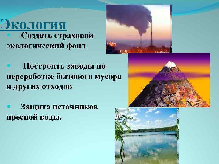 Экология Создать страховой экологический фонд Построить заводы по переработке бытового мусора и других отходов