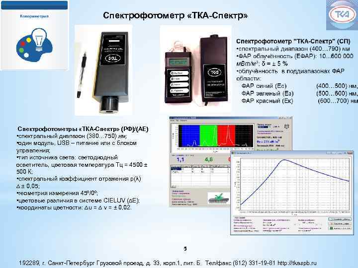 Спектрофотометр «ТКА-Спектр» Спектрофотометры «ТКА-Спектр» (РФ)/(АЕ) • спектральный диапазон (380… 750) нм; • один модуль,