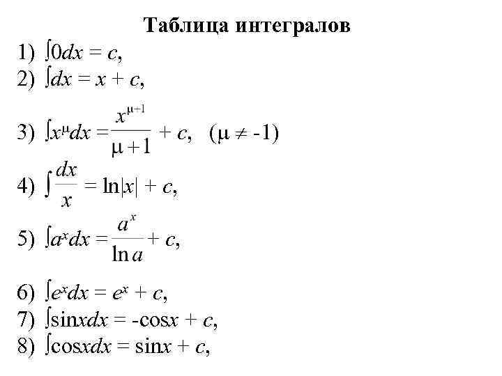 Таблица интегралов 1) 0 dx = c, 2) dx = x + c, 3)