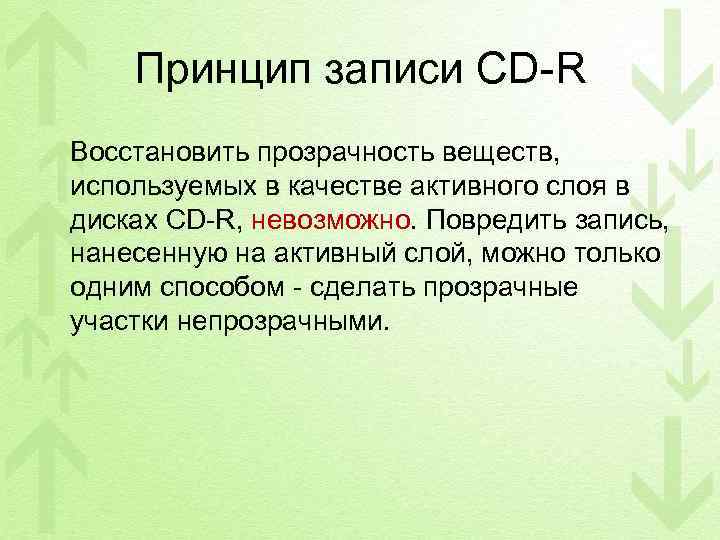 Принцип записи CD-R Восстановить прозрачность веществ, используемых в качестве активного слоя в дисках CD-R,