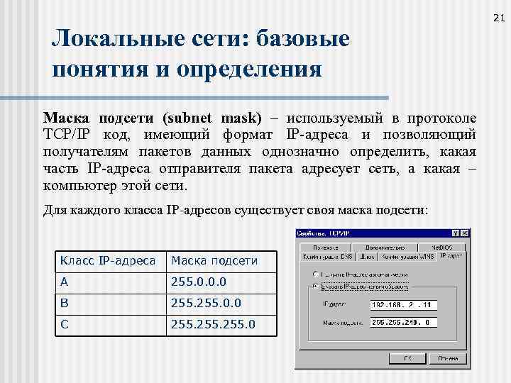 21 Локальные сети: базовые понятия и определения Маска подсети (subnet mask) – используемый в