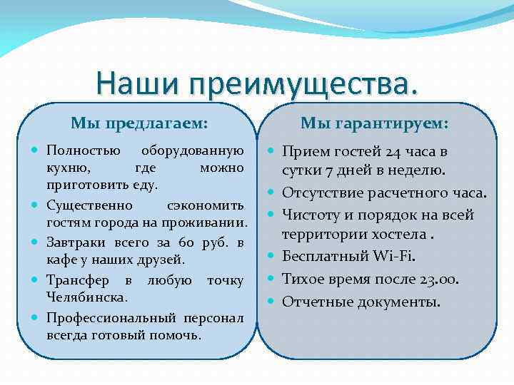 Наши преимущества. Мы предлагаем: Мы гарантируем: Полностью оборудованную кухню, где можно приготовить еду. Существенно