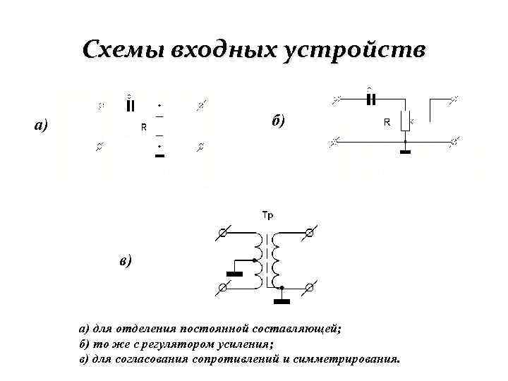 Схемы входных устройств б) а) в) а) для отделения постоянной составляющей; б) то же