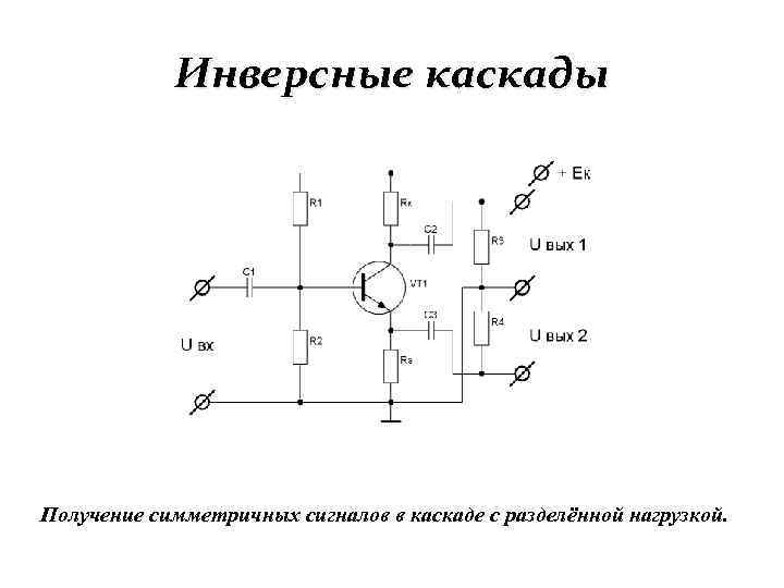 Инверсные каскады Получение симметричных сигналов в каскаде с разделённой нагрузкой. 