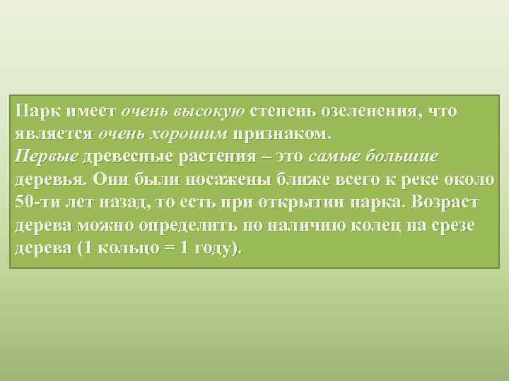 Парк имеет очень высокую степень озеленения, что является очень хорошим признаком. Первые древесные растения