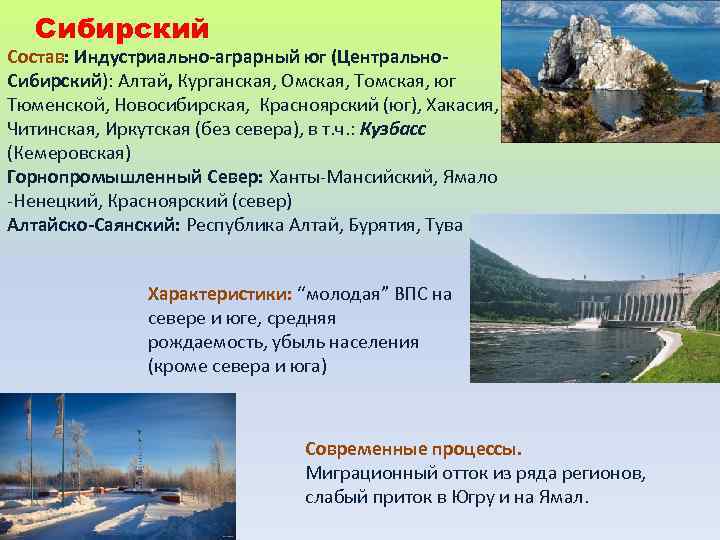 Сибирский Состав: Индустриально-аграрный юг (Центрально. Сибирский): Алтай, Курганская, Омская, Томская, юг Тюменской, Новосибирская, Красноярский