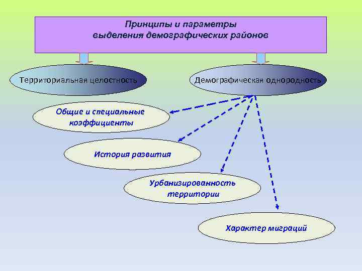 Принципы и параметры выделения демографических районов Территориальная целостность Демографическая однородность Общие и специальные коэффициенты